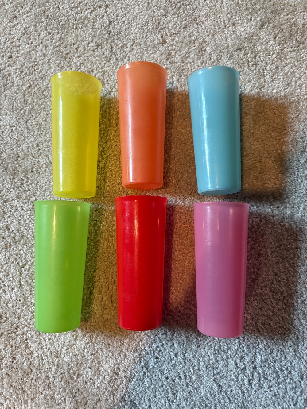 Tupperware set of 6 Colorful Plastic Tumblers - Yellow, Orange, Blue, Green, Red
